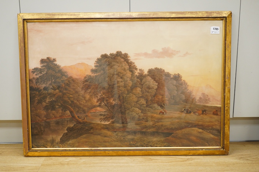 John Conor (19th. C), watercolour, Riverscape with resting cattle, provenance details verso, 58 x 88cm